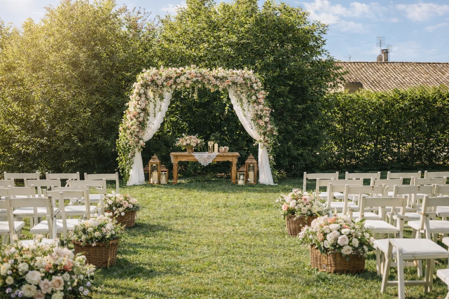 Cérémonie de mariage sous arche florale au Domaine de la Noiseraie
